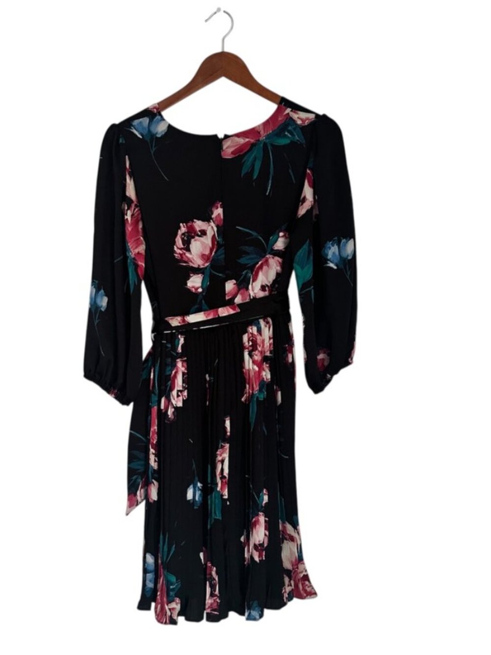 DKNY Black Floral Pleated Fit and Flare Dress Size 12